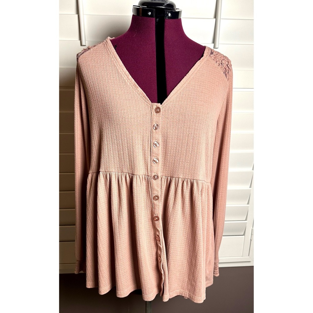 Torrid Womens Blush Waffle Knit Lace Back Babydoll Button Front Top Size 1/Boho